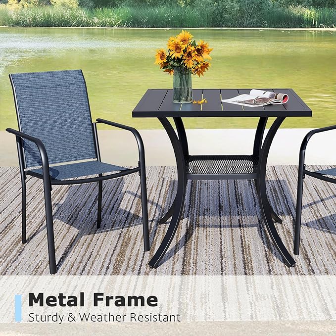 3 Pieces Round Dining Table Set for 2, Patio Dining Set Includes 2 Blue Stackable Patio Chairs and 27.6" Black Metal Square Table, Patio Furniture Sets with Sling Support for Outside, Garden