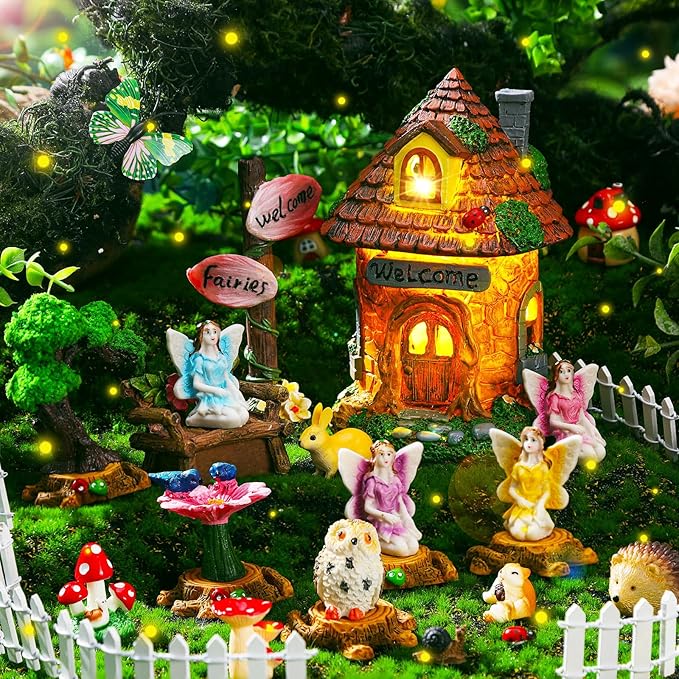 Leyndo 28 Pcs Solar House Garden Accessories Fairy Light up Fairy Figures Garden Kit Resin Miniature Mushroom House Figures Micro Landscape Ornaments (Fresh)
