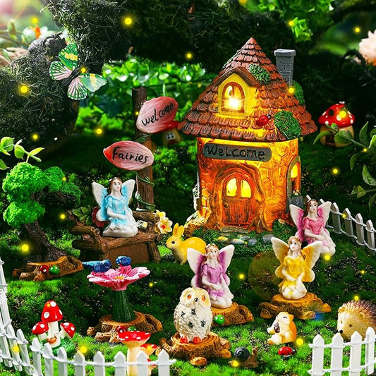 Leyndo 28 Pcs Solar House Garden Accessories Fairy Light up Fairy Figures Garden Kit Resin Miniature Mushroom House Figures Micro Landscape Ornaments (Fresh)