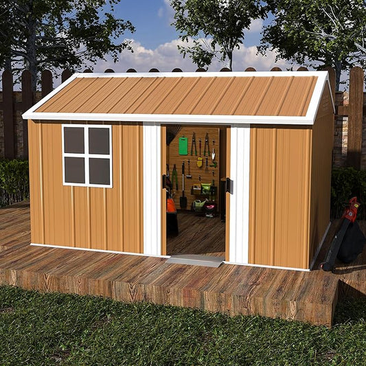12x8 FT Outdoor Steel Storage Shed with Clear Windows, Sliding Lockable Door & Ventilation, Brown and White Weather-Resistant Metal Tool Shed for Garden, Backyard, Lawn, and Utility Storage