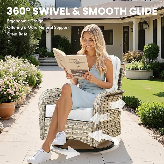 Outdoor Swivel Rocker Patio Chairs with Side Table,Wicker Swivel Rocking Chair Set of 2,3PCS High Back Wicker Patio Furniture Set Glider Chairs for Porch, Balcony, Deck,Yard,Grey