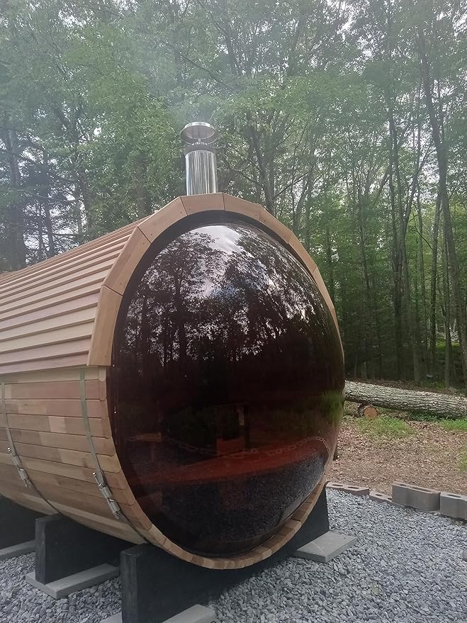 ZONEMEL Barrel Steam Sauna Room with Panoramic View, Canadian Red Cedar Outdoor Sauna with Wood Shingle Roof, Wood-Fired Stove, 8 Person, 8mm Tempered Glass
