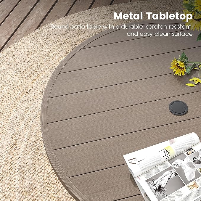 DIFY 5 Pieces Outdoor Patio Dining Set, 4 Grey Textilene Swivel Dining Chairs and 40.6" Grey Wood-Like Round Dining Table, Metal Outdoor Table and Chairs
