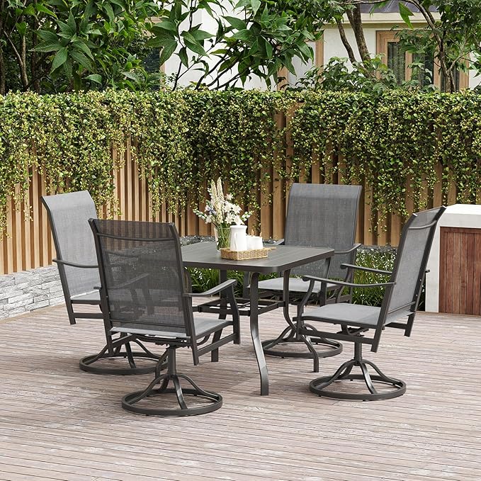 Patio Swivel Chairs Set of 6, Outdoor Dining Chairs with Textilene, Swivel & Rocker Metal Outdoor Patio Dining Chair All-Weather for Backyard, Gray Fabric with Black Frame