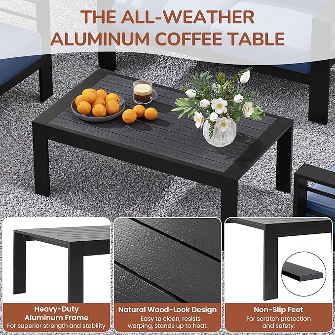 Solaste Outdoor Aluminum Furniture Set - 4 Pieces Patio Sectional Chat Sofa Conversation Set with Table,Black Frame and Blue Cushion