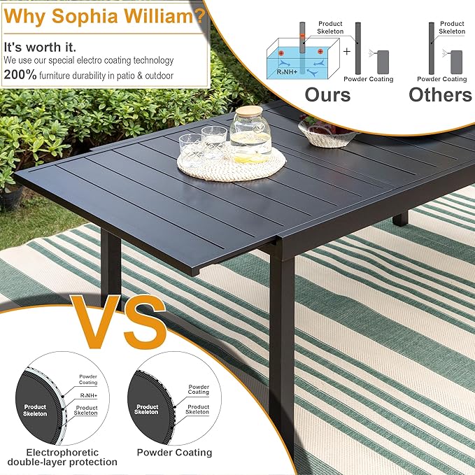 Sophia & William 7 Pieces Patio Dining Set with 6 Metal Chairs and Expandable Rectangular Dining Table for 6-8 People, Outdoor Conversation Furniture Set with Seat Cushions for Porch Yard Deck