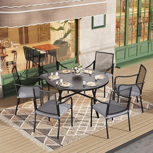 HERA'S HOUSE Patio Table and Chairs Set, 7 Piece Outdoor Dining Set, 6 x Dining Chairs with 54" Round Metal Table for Backyard Garden Lawn Restaurant