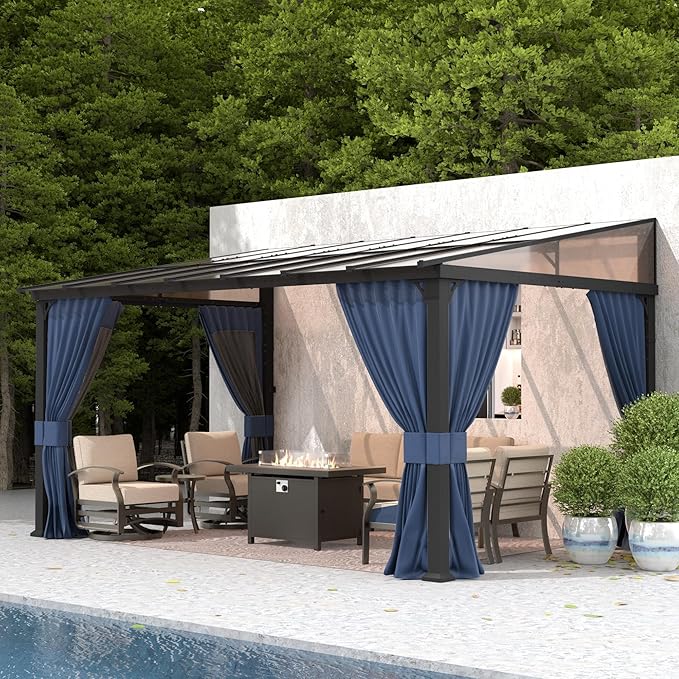 Gotland 10FTx14FT Outdoor Wall Mounted Hardtop Pergola, Metal Frame Gazebo with Sloping Sun Panel Roof and Double Curtains for Patio, Garden, Lawn, Navy