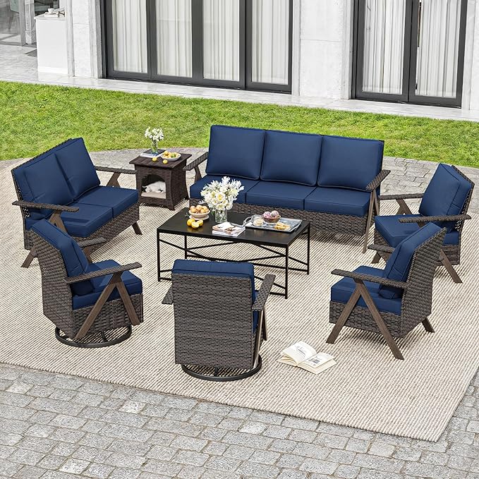 8 Pieces Patio Furniture Set,Outdoor Loveseat Sofa & High Back Swivel Rocker Patio Chairs, Wicker Conversation Set with Coffee Table and Side Table for Deck Yard and Poolside