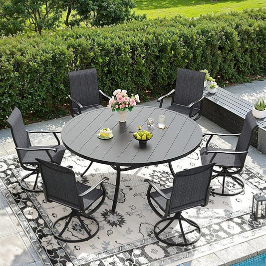 DIFY 7 Pieces Outdoor Patio Dining Set, 6 Dark Grey Textilene Swivel Dining Chairs and 53" Black Round Metal Dining Table, Outdoor Table and Chairs