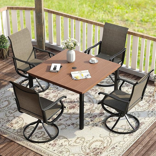 VICLLAX 5 Pieces Patio Dining Set for 4, Outdoor Furniture Set Includes 40.2" Square Outdoor Table and 4 Patio Swivel Chairs for Lawn Garden, Walnut Table and Black Chairs