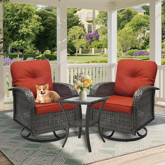 3 Pieces Patio Furniture Set, Outdoor Swivel Rocking Chair Set of 2 with Side Table - 360° Swivel, Thick Cushions, All-Weather Bistro Set for Deck, Porch, Pool(Wine Red, Grey Full-Weave Rattan)