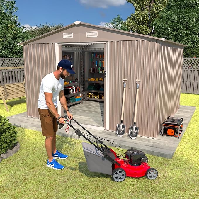 10×8FT Outdoor Storage Shed with Window,Large Metal Tool Shed with Lockable Door and Rainproof Sloped Roof, Garden Shed for Backyard, Patio, Brown