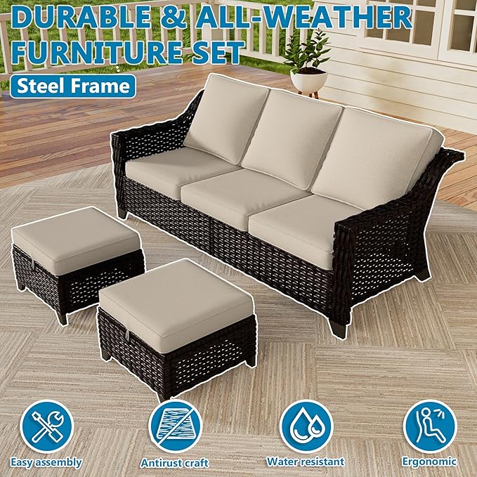 Vista Vibe 3 Pieces Outdoor Patio Conversation Furniture Set - 78" 3-seat Sofa | 2 Wicker Ottomans, Deep Seat Loveseat with Removable Cushions, Hand-Woven PE Rattan Couch, Lawn (Brown/Beige)