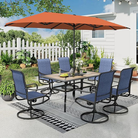 Sophia & William Patio Set with Umbrella Patio Dining Set for 6 with 13ft Rectangle Patio Umbrella Red, 6 x Patio Chairs Blue, 1 Wood Like Outdoor Dining Table with Umbrella Hole for Lawn Garden