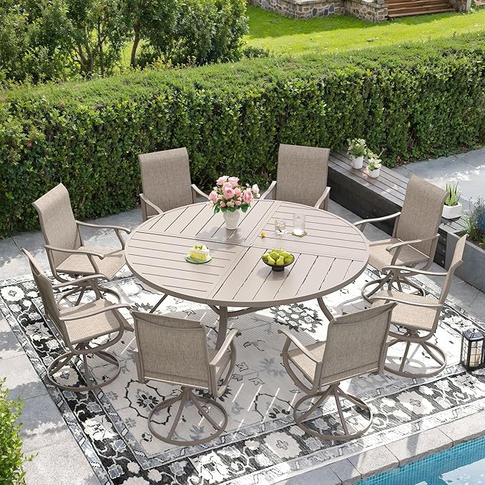 DIFY 9 Pieces Outdoor Patio Dining Set, 8 Sandshell Textilene Swivel Dining Chairs and 59.8" Sandshell Round Metal Dining Table, Outdoor Table and Chairs