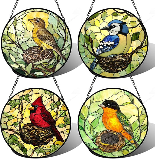 Stained Glass Window Hanging 4 Pcs Set Bird Theme On Branch 6.3" - Cardinal Suncatcher Door Garden Sun Catcher Decor Birthday Christmas for Mom Woman Nana Men
