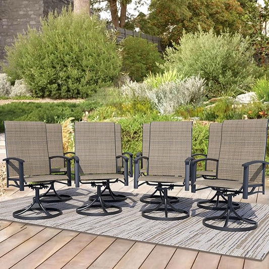 Patio Swivel Chairs Set of 8, Outdoor Swivel Chairs with Armrest, High Back Patio Chair with Metal Frame, All-Weather Outdoor Dining Chair for Deck, Porch and Lawn, Mocha
