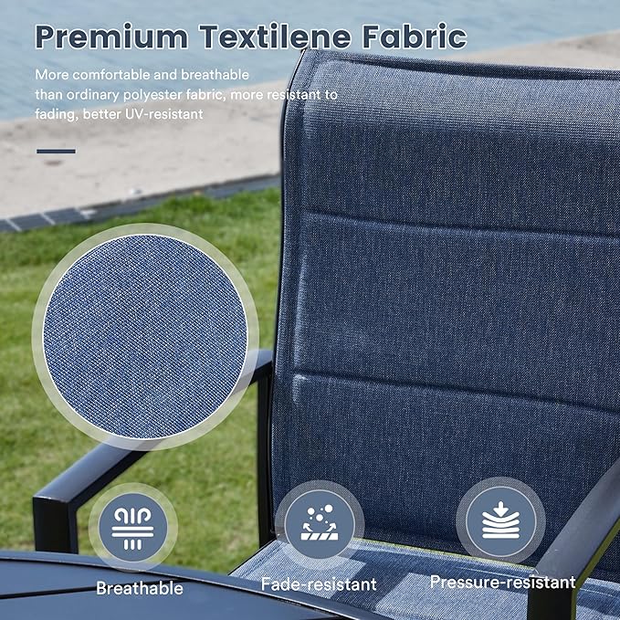 VICLLAX 3 Pieces Patio Dining Set - 27.5" Round Patio Table and 2 Outdoor Swivel Padded Chairs, Black Tabletop and Blue Fabric