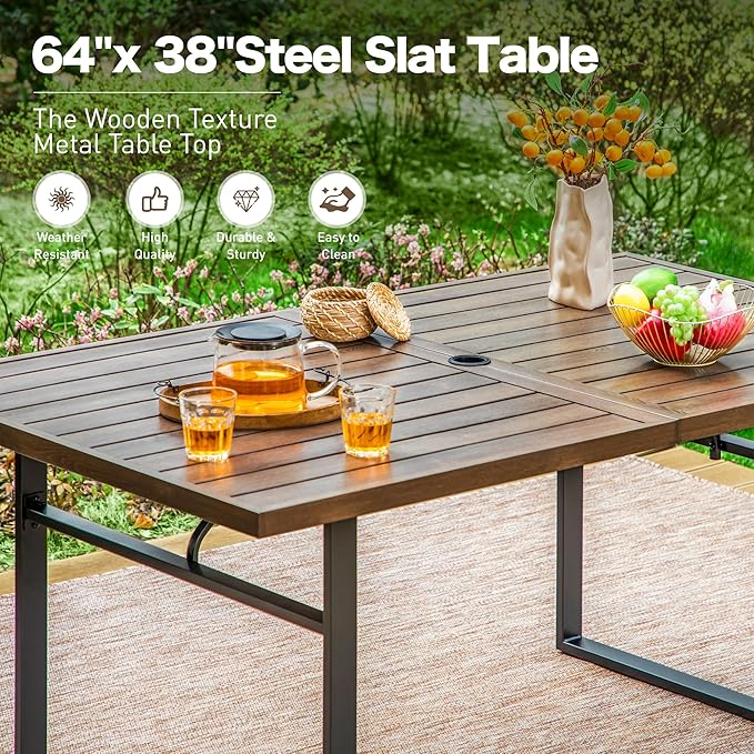 7 Piece Patio Dining Set for 6, 64”Rectangular Wood-Like Dining Table with Umbrella Hole, 6 Metal Red Chairs, Outdoor Table and Chairs Set for Lawn Backyard and Deck