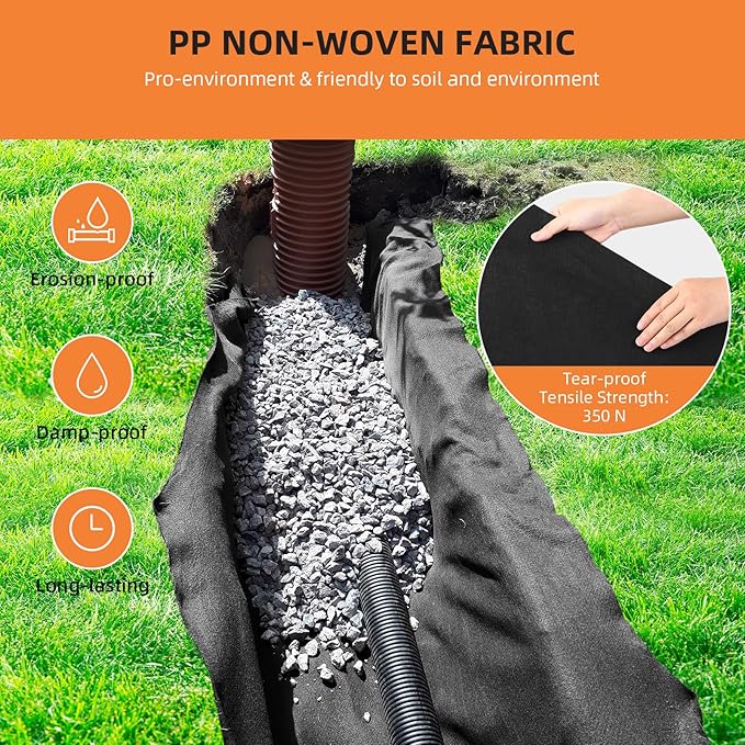 Towallmark Geotextile Landscape, 6ft x 300ft & 6oz Geotextile Fabric, PP Drainage 350N Tensile Strength & 440N Load Capacity, for Driveway & Road Stabilizationr, Erosion Control, French Drains