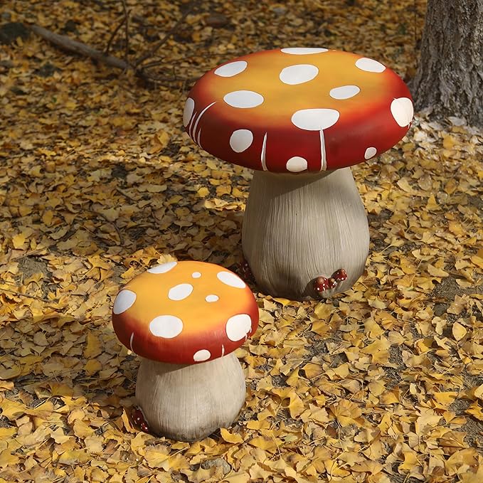 Mushroom Resin Statue 20.8'' High Indoor Outdoor Table Over Sized Sculpture Courtyard Lawn Pond Ornament Garden Outdoor Patio Round Table Stool Decoration Red Mushroom