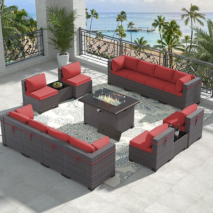 Outdoor Patio Furniture Set with Propane Fire Pit Table, 15 Pieces Outdoor Furniture Patio Sectional Sofa Conversation Sets w/ETL Approved 43" Gas Outdoor Fire Table & Coffee Table(Red)