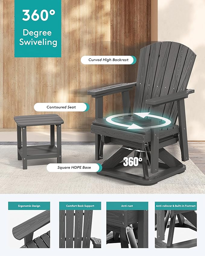 SERWALL Adirondack Swivel Glider Chair, HDPE Patio Swivel Glider Set of 2, All-Weather Glider Chair for Porch, Balcony, Slate Grey