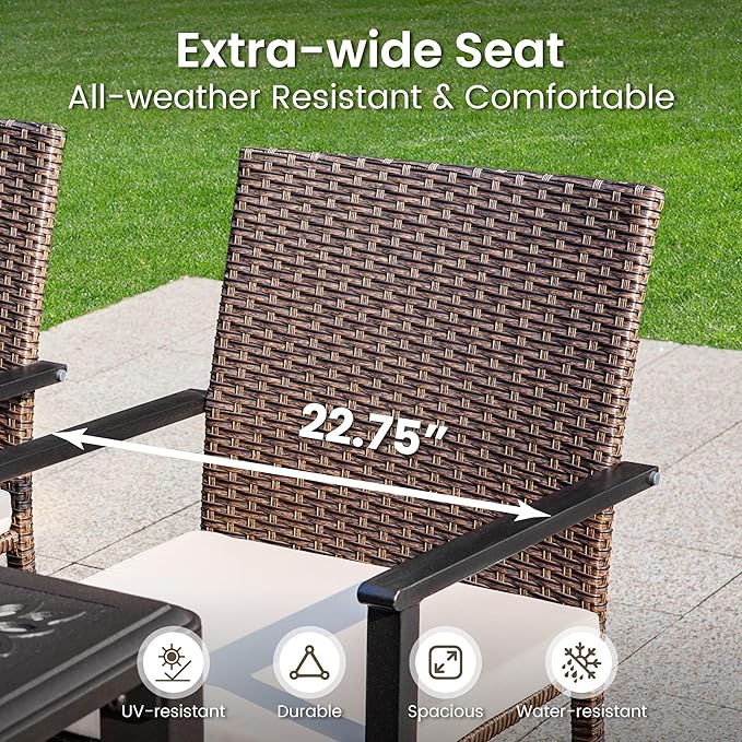 PHI VILLA 7 Piece Outdoor Dining Set for 6, 60” Rectangular Wrought Iron Table with Umbrella Hole & Cushioned Rattan Chairs, Large Furniture Set for Patio, Deck, Yard, Porch