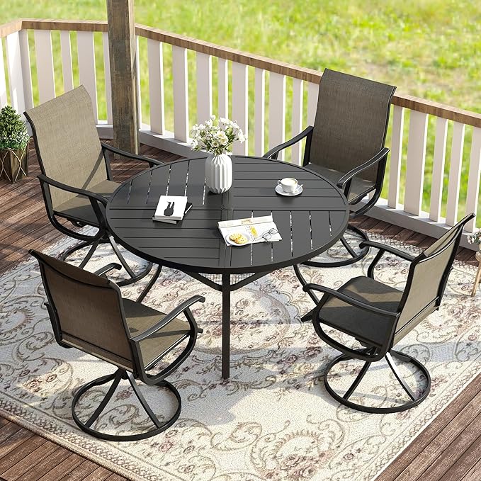 VICLLAX 5 Pieces Patio Dining Set for 4, Outdoor Furniture Set Includes 40.6" Round Outdoor Table and 4 Patio Swivel Chairs for Lawn Garden, Black Tabletop and Mixed Brown Fabric