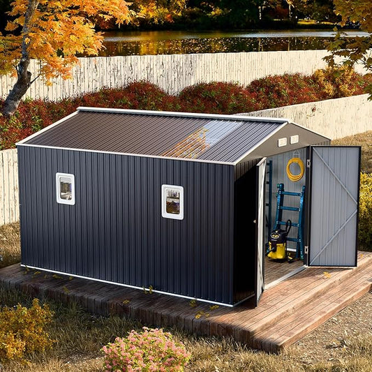 10x10 FT Metal Outdoor Shed with Floor Base Waterproof Large Tool House with Unique Clear Roof Skyview Windows Air Vents Door for Garden Patio Backyard Storage Lawnmower,Garage,Dark Grey
