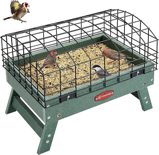 Kingsyard Squirrel Proof Ground Bird Feeder for Outdoors - Recycled Plastic Platform Feeding Station, Fly-Through Metal Caged Wild Bird Feeder for Small Birds, 5 LBS Large Capacity, Green