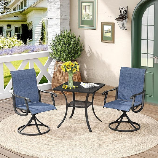 DIFY 3 Pieces Outdoor Patio Dining Set for 2, 27.6" Small Black Square Metal Dining Table and 2 Blue Textilene Swivel Dining Chairs, Outdoor Table and Chairs