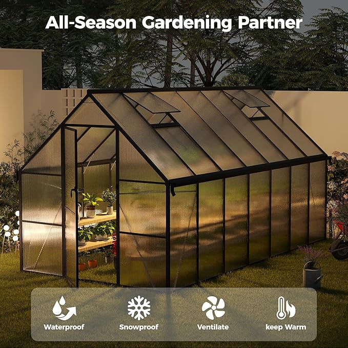 8x14 FT Greenhouse for Outdoors, Polycarbonate Greenhouse with Roof Vent, Enhanced Aluminum Large Walk-in Green House for Garden Backyard