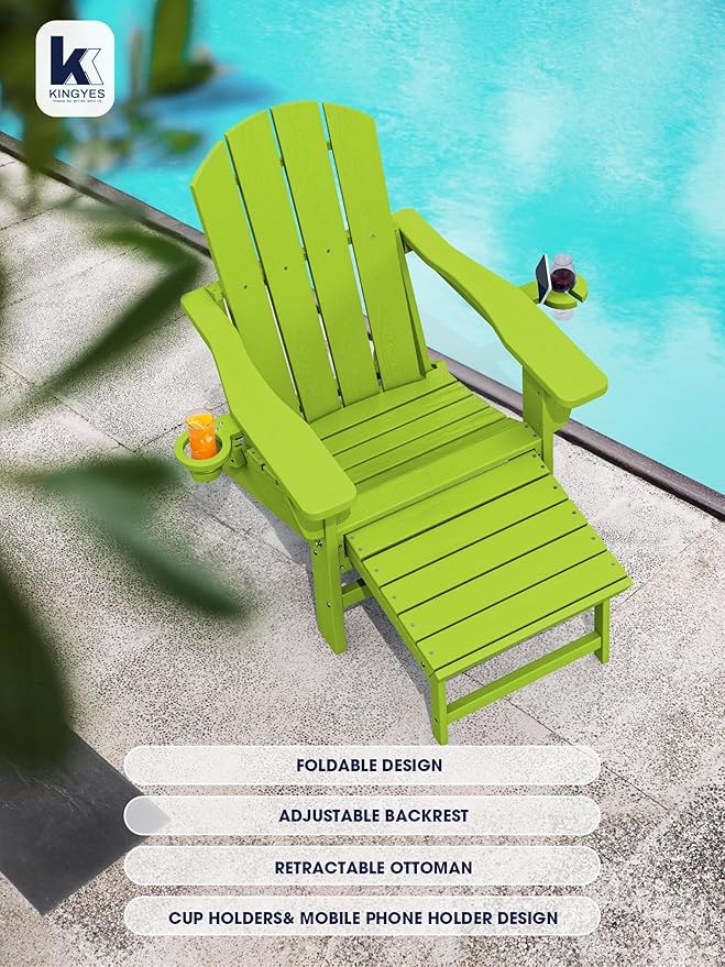 KINGYES Folding Adjustable Adirondack Chair with Ottoman Set of 4, Apple
