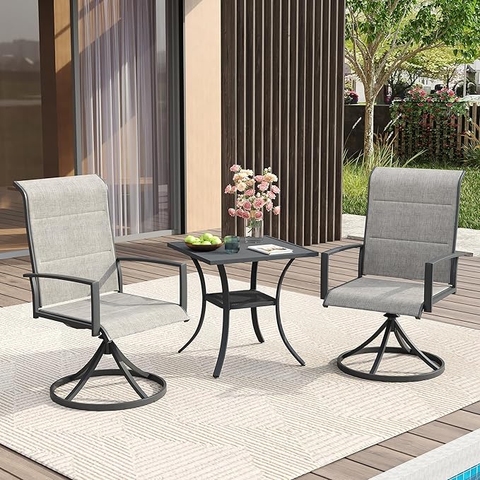 VICLLAX 3 Pieces Small Patio Table and Swivel Chairs for 2, All Weather Patio Dining Set for, Grey Wood Grain Tabletop and Grey Fabric