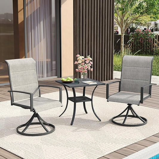 VICLLAX 3 Pieces Small Patio Table and Swivel Chairs for 2, All Weather Patio Dining Set for, Grey Wood Grain Tabletop and Grey Fabric
