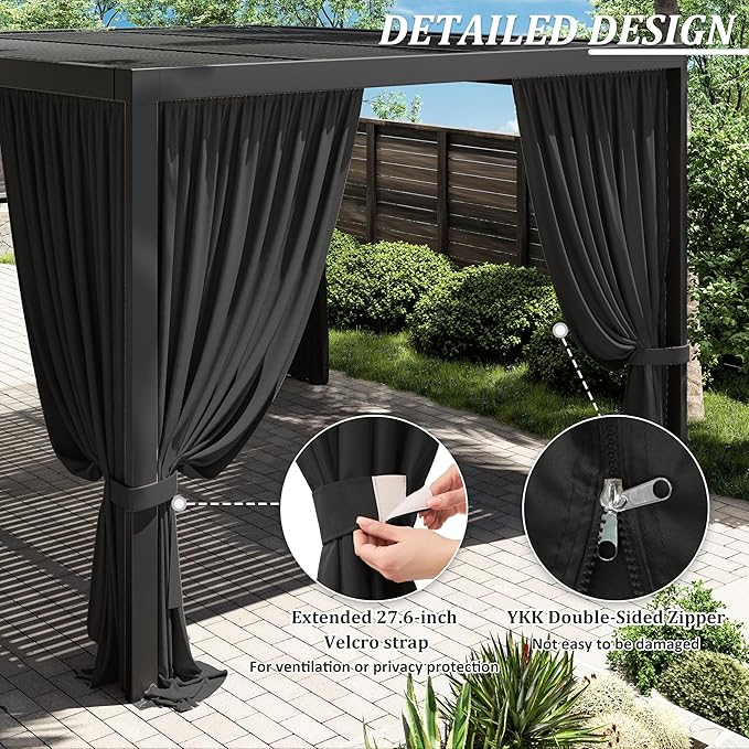 Gazebo Universal Replacement Privacy Curtain,12'×14' Gazebo Outdoor Waterproof Curtains, 4-Panels Sidewall Curtains with Double Zipper for Patio Canopy, Garden and Backyard (Curtain Only)