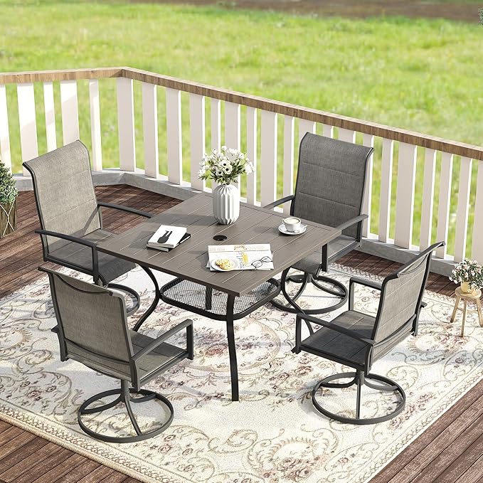 VICLLAX 5 Pieces Patio Dining Set, 4 Seats Outdoor Furniture Includes 37.8" Square Outdoor Table and 4 Swivel Patio Chairs, Grey Wood Grain Tabletop and Grey Fabric