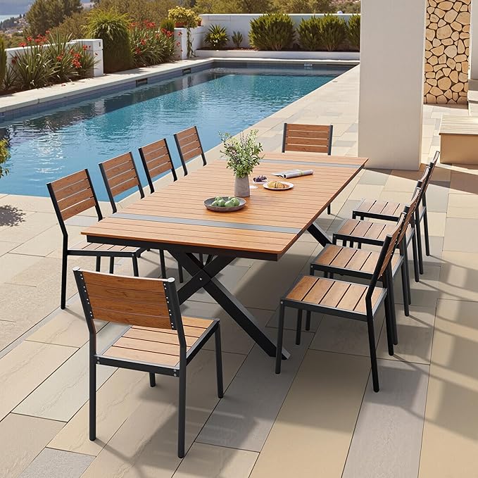Pellebant 11 Piece Patio Table and Chairs Set for 10, Aluminum Outdoor Dining Set with Umbrella Hole, Stackable Dining Chairs & 94" Dining Table, Brown