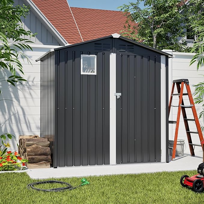 6x4 FT Shed Outdoor Storage Metal Large Garden Tool Sheds with Lockable Doors Gable Roof Window Waterproof Utility Equipment Sheds for Backyard Patio Lawn, Grey (No Floor Frame)
