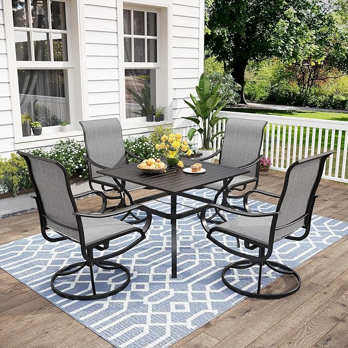 MFSTUDIO Outdoor Swivel Patio Dining Chairs Set of 4, High Back Breathable Textilene Patio Chairs for Balcony, Backyard, Deck, Garden (Light Grey Fabric, Black Frame)