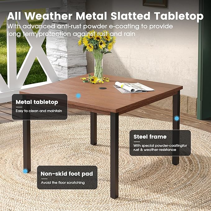 DIFY 5 Pieces Outdoor Patio Dining Set for 4, 40.2" Walnut Metal Square Dining Table and 4 Brown Textilene Swivel Dining Chairs, Outdoor Table and Chairs