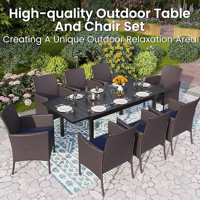 PHI VILLA 7 Pieces Outdoor Dining Set for 6, Expandable Rectangular Metal Table & Wicker Chairs with Cushions, Large Furniture Set for Patio, Deck, Yard, Porch