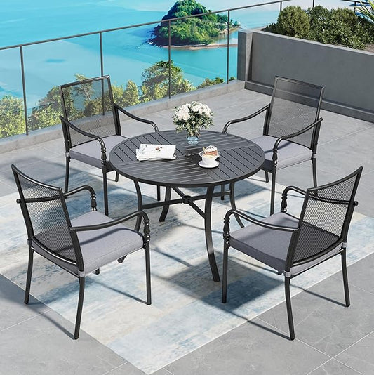 Patio Table and Chairs Set of 4, All-Weather Breathable Metal Mesh Patio Chair with Gourd-Shaped Armrests, 42x42 Round Table with Umbrella Hole, 5 Pcs Metal Frame Patio Dining Set