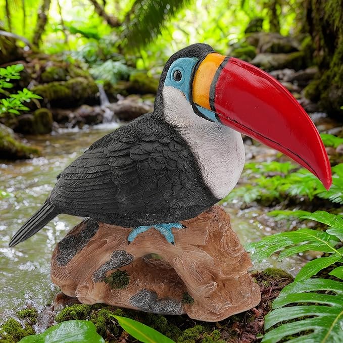 Real Toucan Statue, Vibrant Colorful Outdoor Bird Decor - 14.2" Resin Animal Sculpture, Weather-Resistant, Perfect Garden Patio Yard Ornament, Tropical Tiki Bar Accent, Unique Gift for Bird Lovers