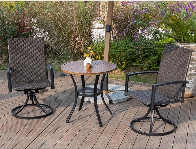 VICLLAX Outdoor Patio Round Dining Table, 28"x 28" Metal Slatted Round Tabletop with Storage Shelf for Deck Lawn Garden Backyard, Walnut