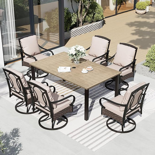 7 Piece Patio Dining Sets for 6, Outdoor Table and Chairs with Cushioned Wicker Swivel Patio Chairs & Wood-Like Dining Table (1.61-2”Umbrella Hole), Outdoor Dining Sets for Backyard