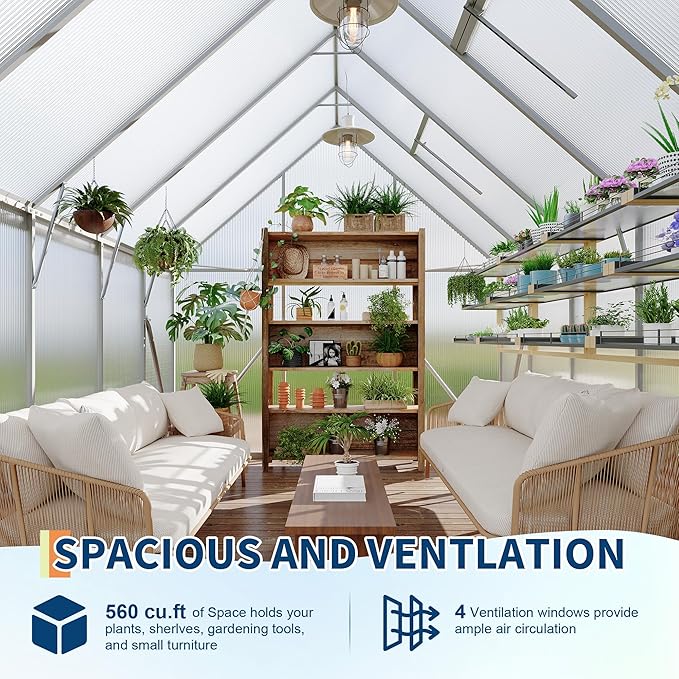 8X10 ft Polycarbonate Greenhouse with Aluminum Frame, Polycarbonate Greenhouse for Outdoors, Greenhouses with Ventilation and Rain Gutter, Aluminum Large Walk-in Greenhouses for Outside