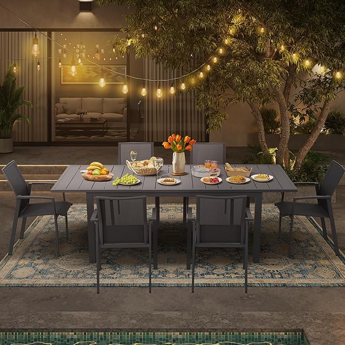Aluminum Extendable Outdoor Dining Table, 68"-91.5" Adjustable Length Oversized Patio Table for 6-10 People, All-Weather Patio Dining Table with Adjustable Feet for Deck Balcony Garden, Grey